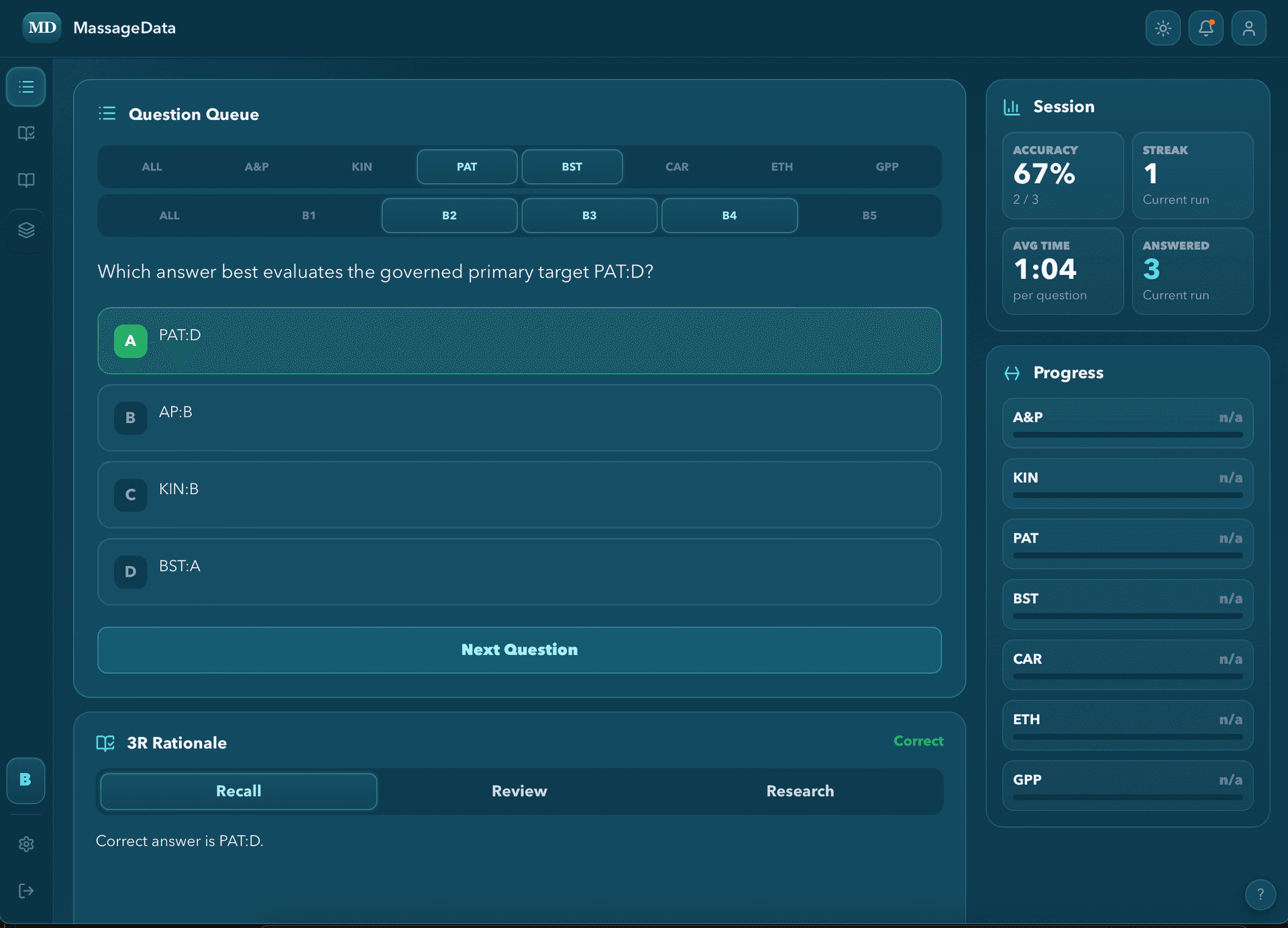Dark-mode MassageData Learner App Preview showing the Question Queue, domain filters, Bloom filters, Session, Progress, and 3R Rationale panels.